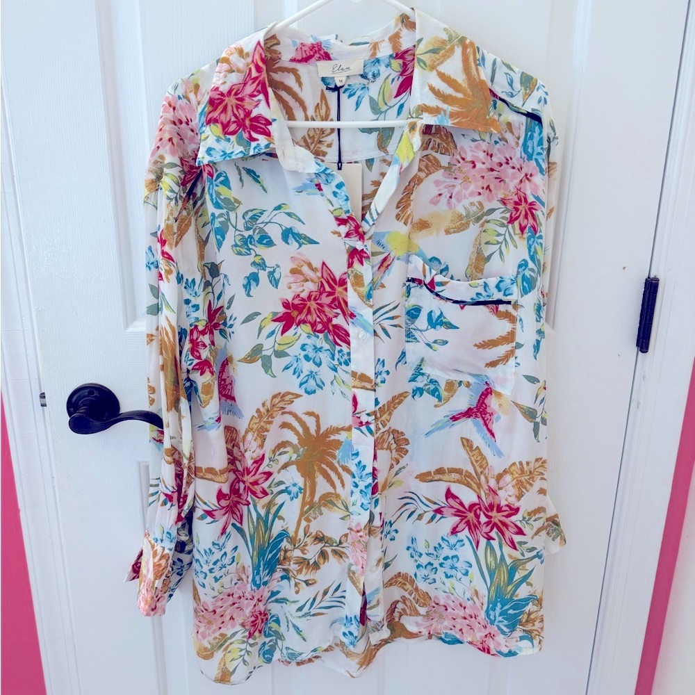 NWT- Elan Multicolor Tropical print Button-Down Shirt